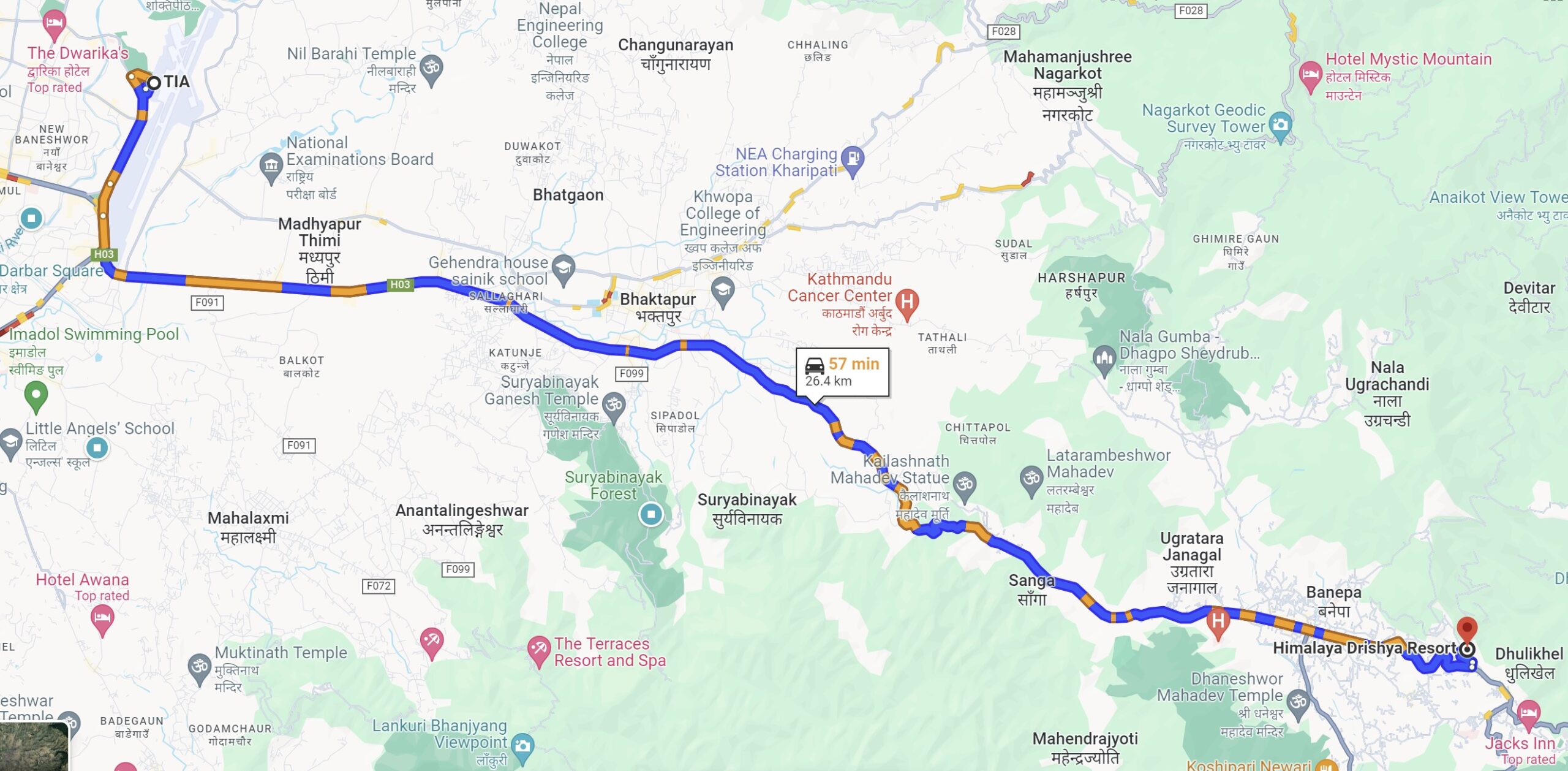 Map from Tribhuvan International Airport to Himalaya Drishya Resort